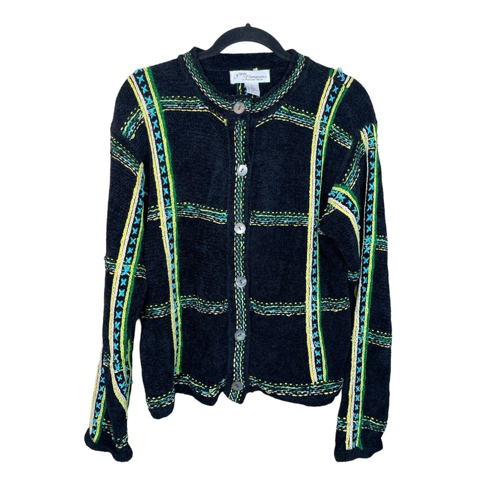 Norm Thompson Vintage  Chenille Embroidered Black  Cardigan‎ Sweater Women's Med